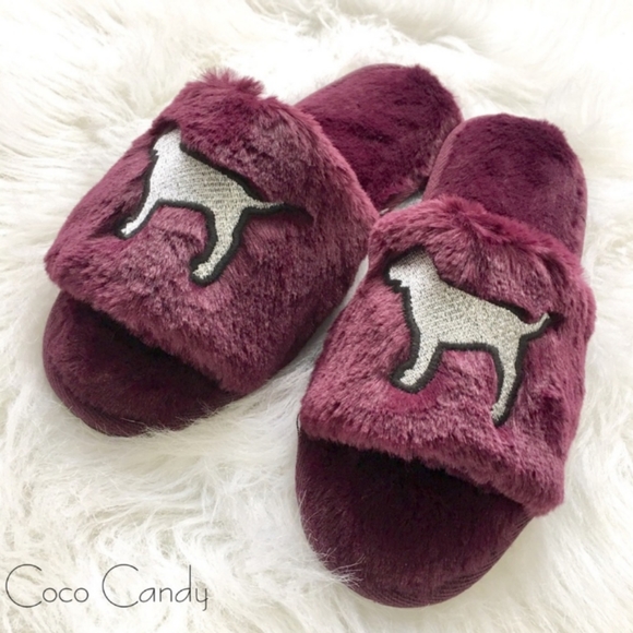 PINK Victoria's secret VS Burgundy Fur Cozy Slippers NWT Large 10 - Picture 1 of 11